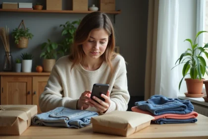 Jeune femme compare des prix sur son smartphone chez elle