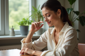 Femme élégante portant une bague délicate dans un intérieur lumineux