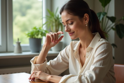 Femme élégante portant une bague délicate dans un intérieur lumineux