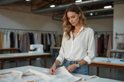 Femme en atelier textile inspectant un v&ecirc;tement avec concentration