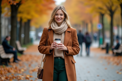 Femme &eacute;l&eacute;gante en automne dans la ville avec feuilles color&eacute;es