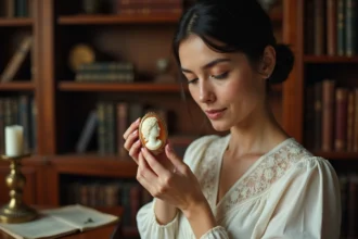 Femme tenant une bague camée antique dans un bureau d'antiquaire, évoquant l'histoire et la signification de ce bijou depuis l'Antiquité