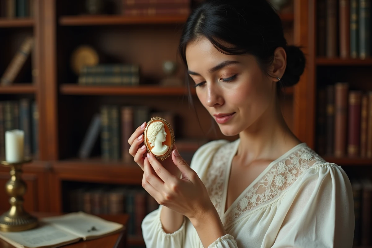 Femme tenant une bague camée antique dans un bureau d'antiquaire, évoquant l'histoire et la signification de ce bijou depuis l'Antiquité