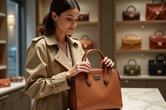 Femme élégante inspectant un sac dans une boutique de luxe