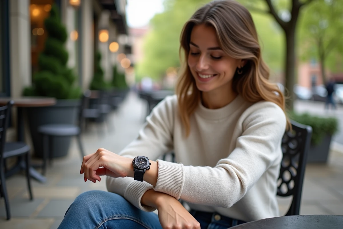 Femme détendue regardant sa montre dans un café en plein air