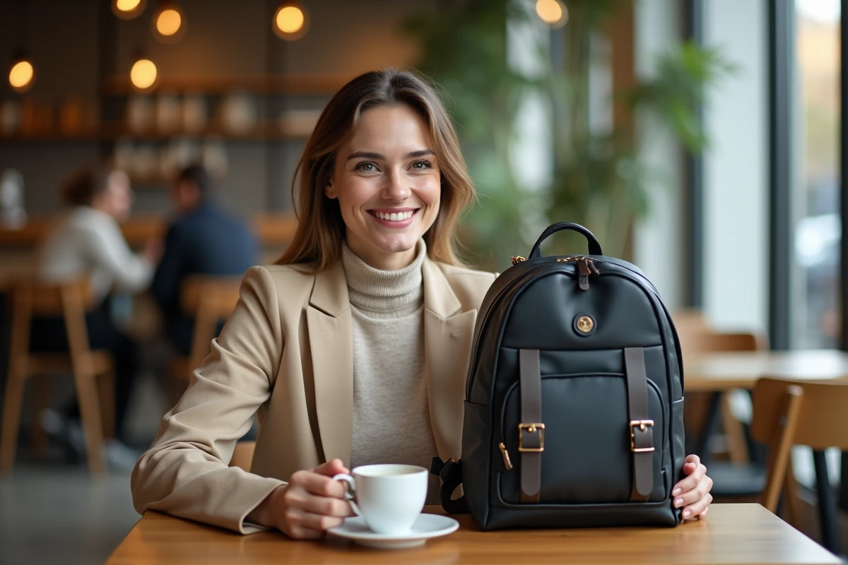 Femme professionnelle assise au café avec sac à dos noir