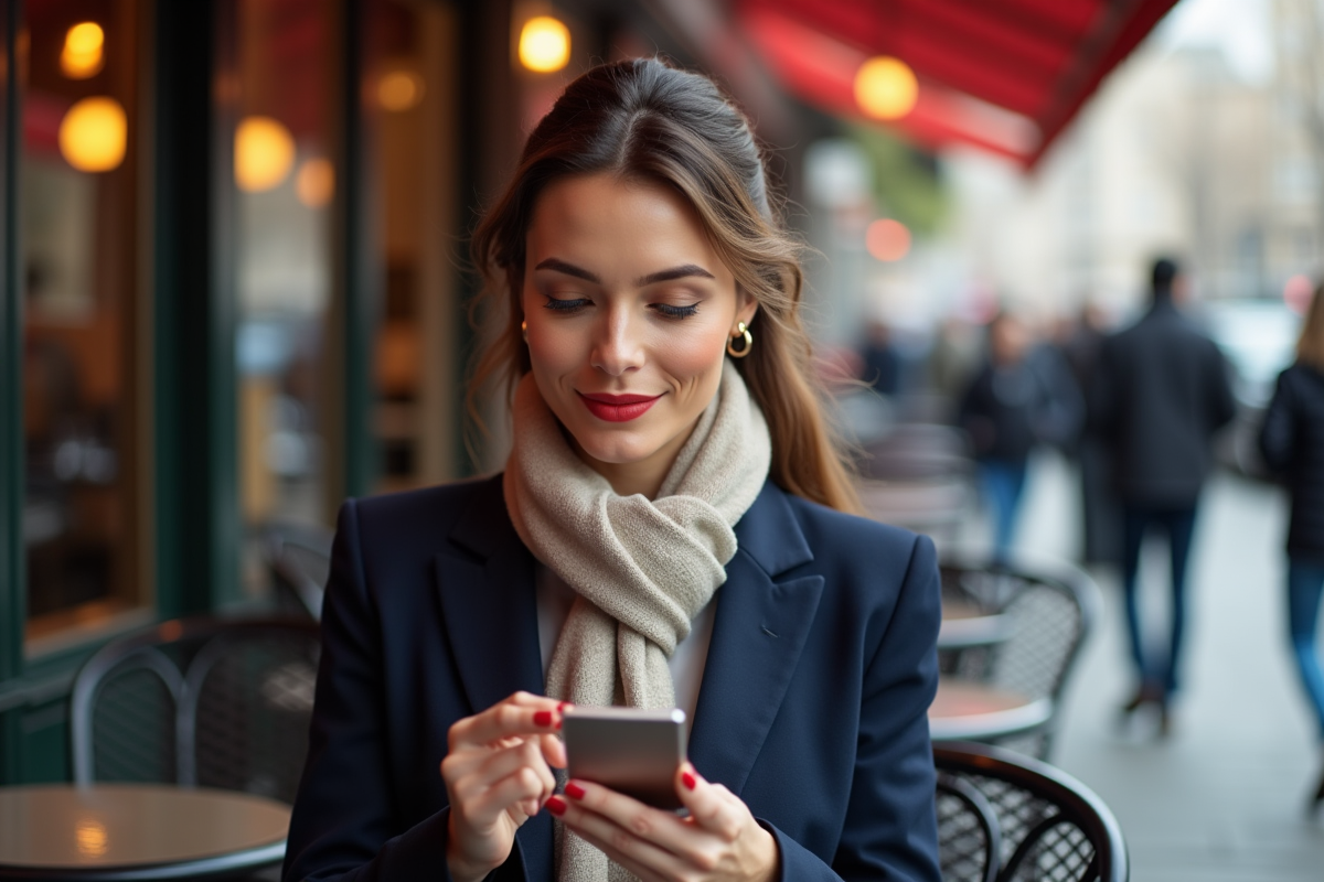 Femme en blazer rouge à un café en ville