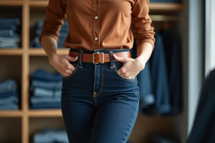 Femme portant une ceinture en cuir marron sur un jean indigo bien ajusté dans une boutique de vêtements