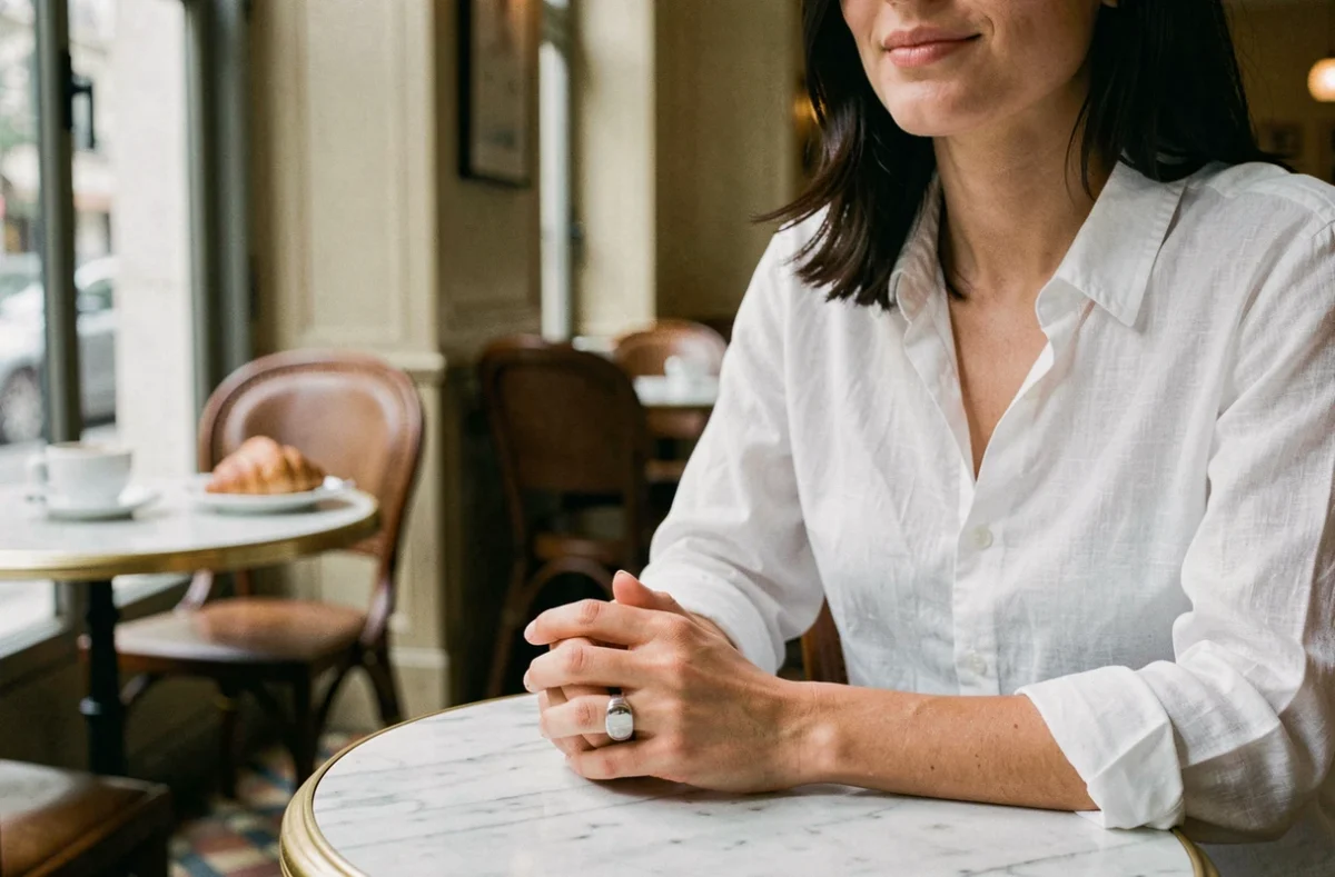 Femme portant une chevalière en argent dans un café parisien, plan buste décontracté