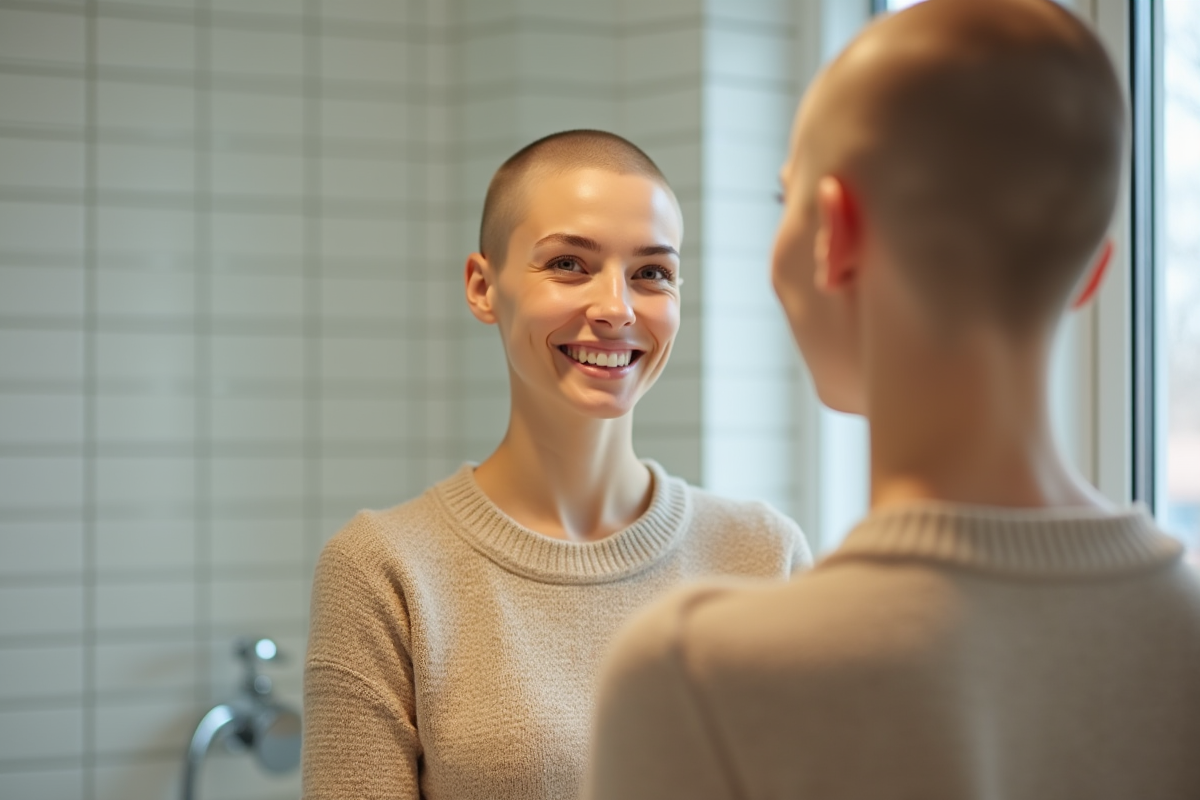 Femme souriante avec tête rasée dans sa salle de bain