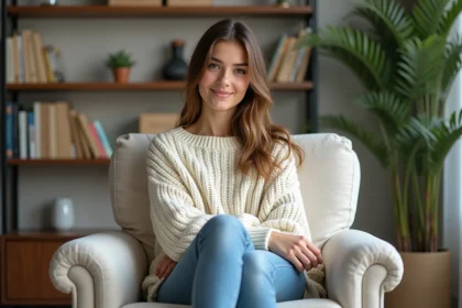 Jeune femme souriante dans un salon cosy et lumineux
