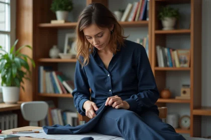 Femme cousant un ourlet dans un salon cosy
