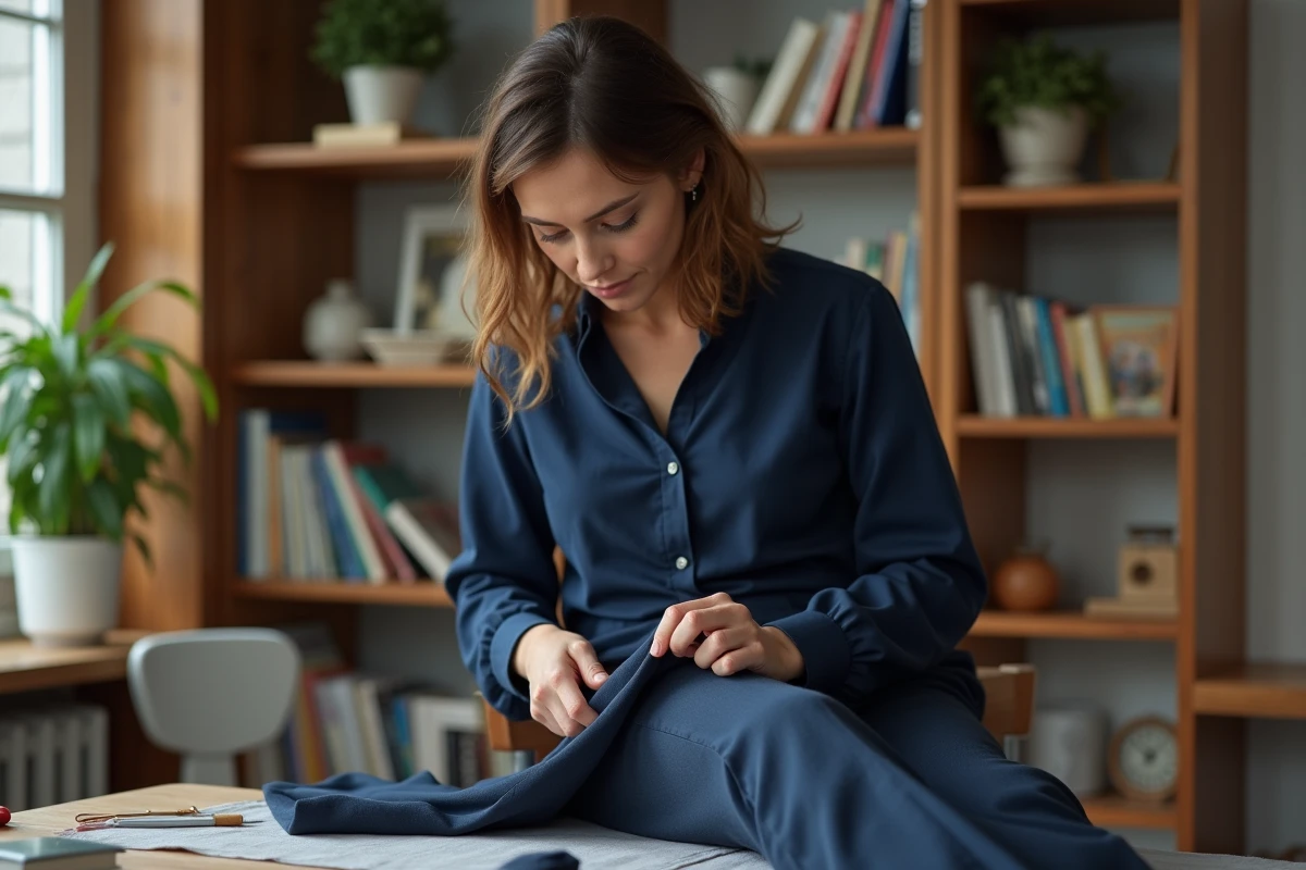 Femme cousant un ourlet dans un salon cosy