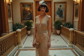 Femme élégante en robe flapper dans un hall 1920s
