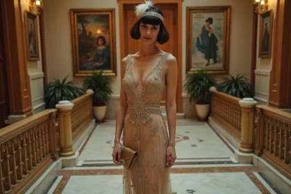 Femme élégante en robe flapper dans un hall 1920s