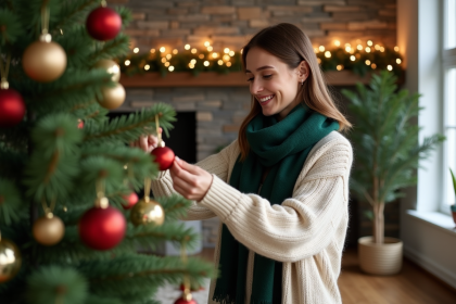 Jeune femme décorant un sapin de Noël avec des boules rouges et or