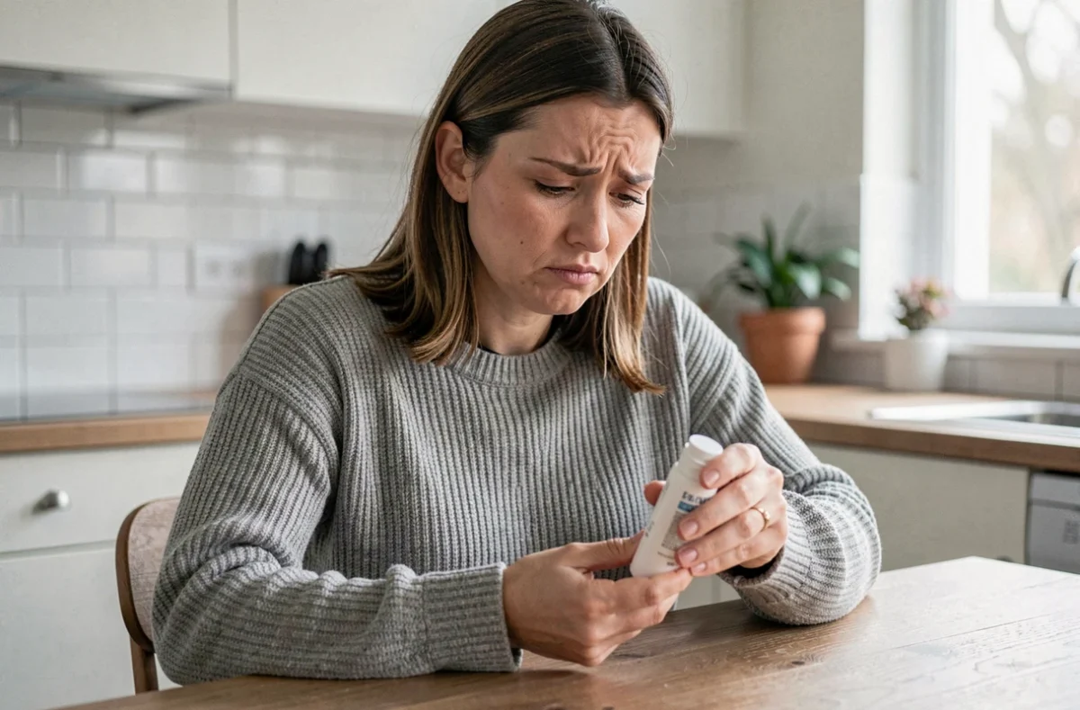 Femme déçue lisant l'étiquette d'un produit Leonie and Co à la maison, exprimant son mécontentement
