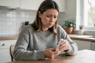 Femme déçue lisant l'étiquette d'un produit Leonie and Co à la maison, exprimant son mécontentement