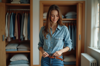 Jeune femme en jean et coton dans une chambre cosy