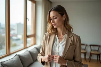 Femme élégante en blazer et perles dans un salon moderne