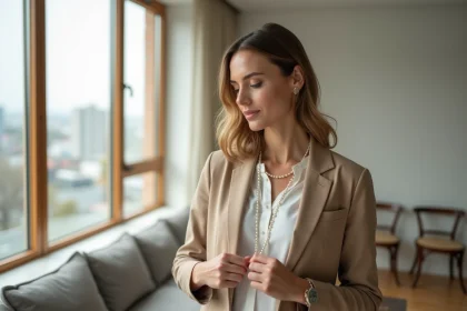 Femme &eacute;l&eacute;gante en blazer et perles dans un salon moderne