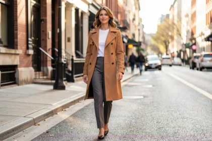 Femme en trench camel marchant avec aisance dans une rue ensoleillée