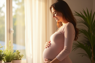 Femme enceinte souriante près d'une fenêtre lumineuse