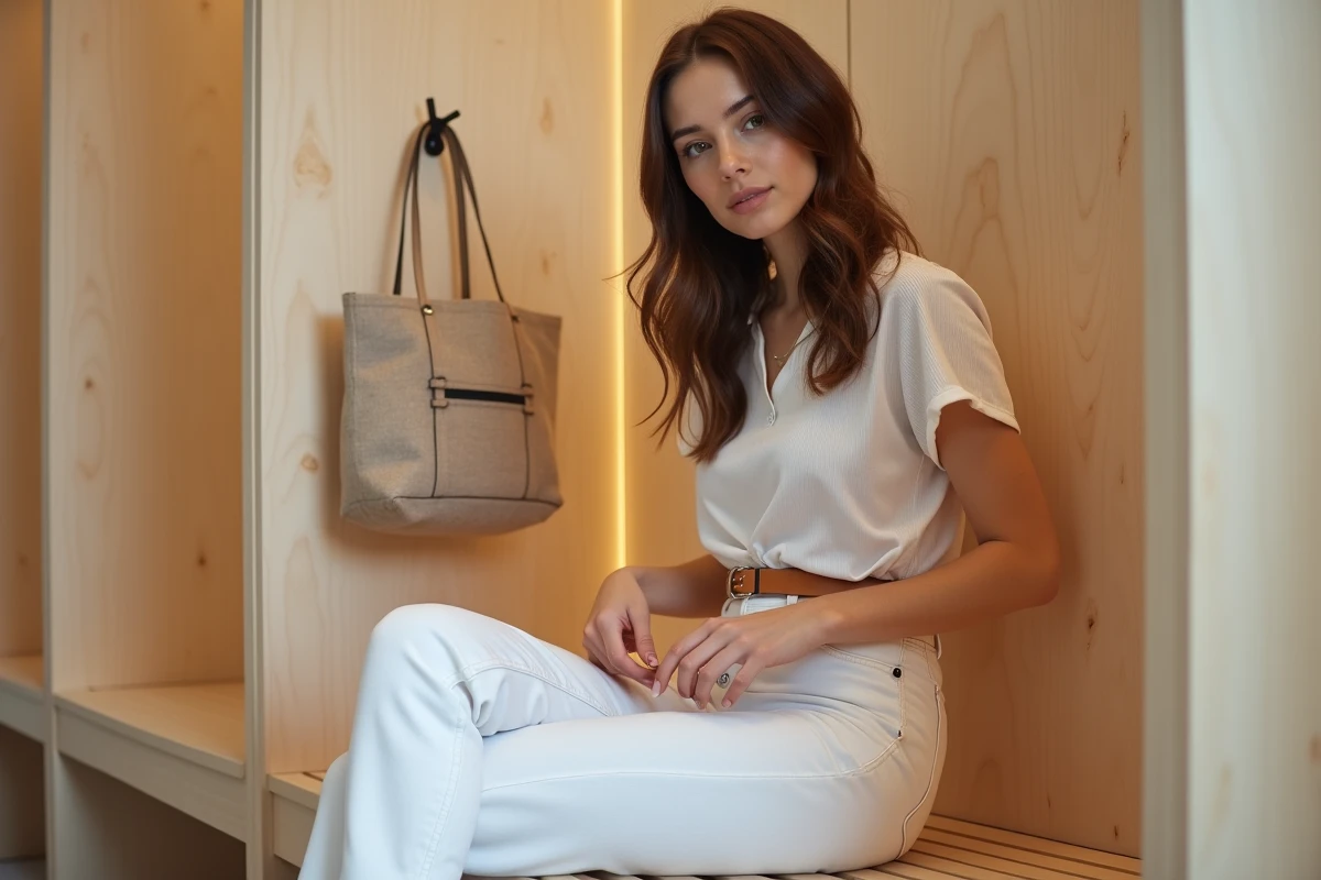 Femme enfilant une ceinture dans les passants d'un jean taille haute blanc dans une cabine d'essayage moderne