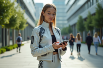 Jeune femme en veste futuriste et pantalon intelligent en ville