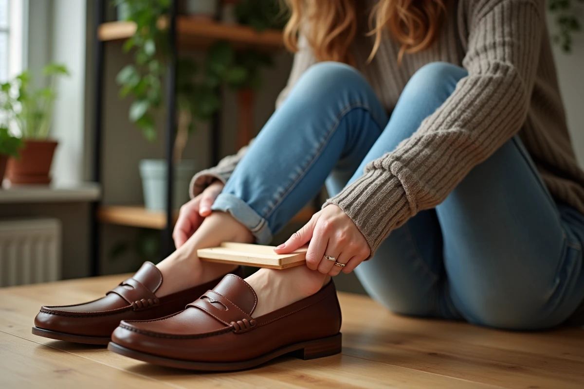Femme insérant un étireur de chaussures en cuir
