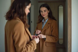 Femme en manteau camel dans un appartement moderne