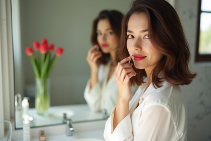 Femme appliquant rouge à lèvres dans salle de bain moderne