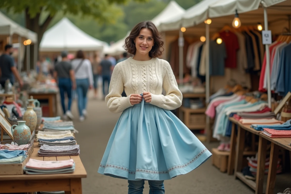 Femme inspectant une jupe vintage des années 50 sur un marché aux puces en plein air