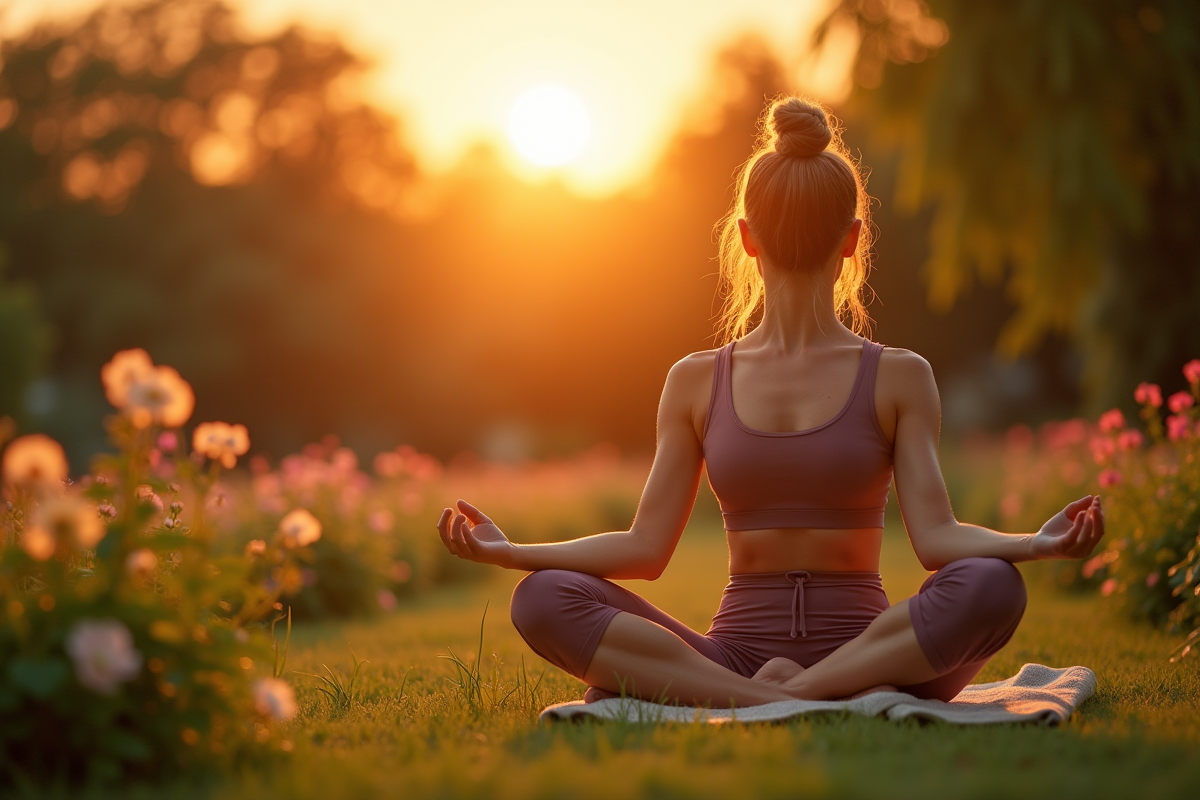 Femme méditant dans un jardin au coucher du soleil