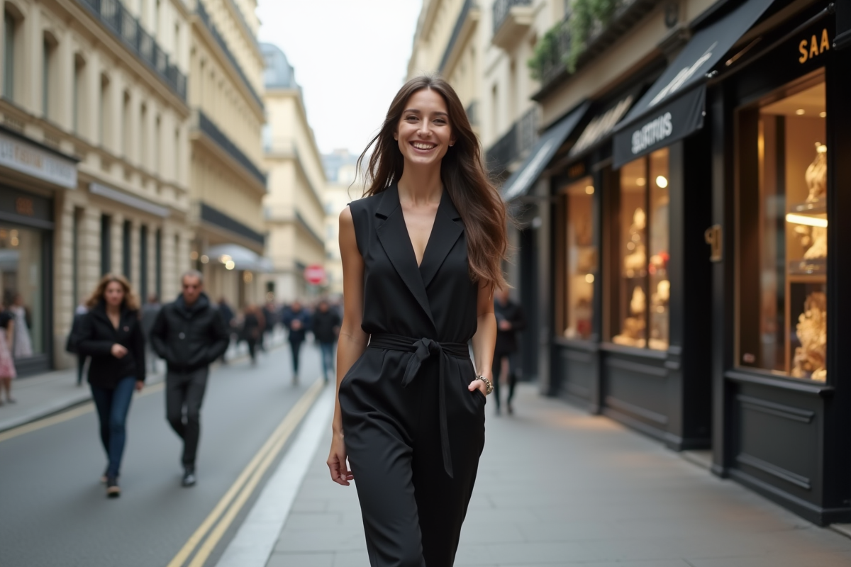 Créatrice de mode souriante dans la rue parisienne