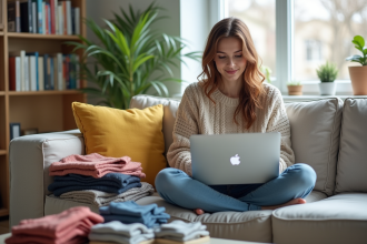 Jeune femme stylée triant des vêtements d'occasion dans un salon lumineux