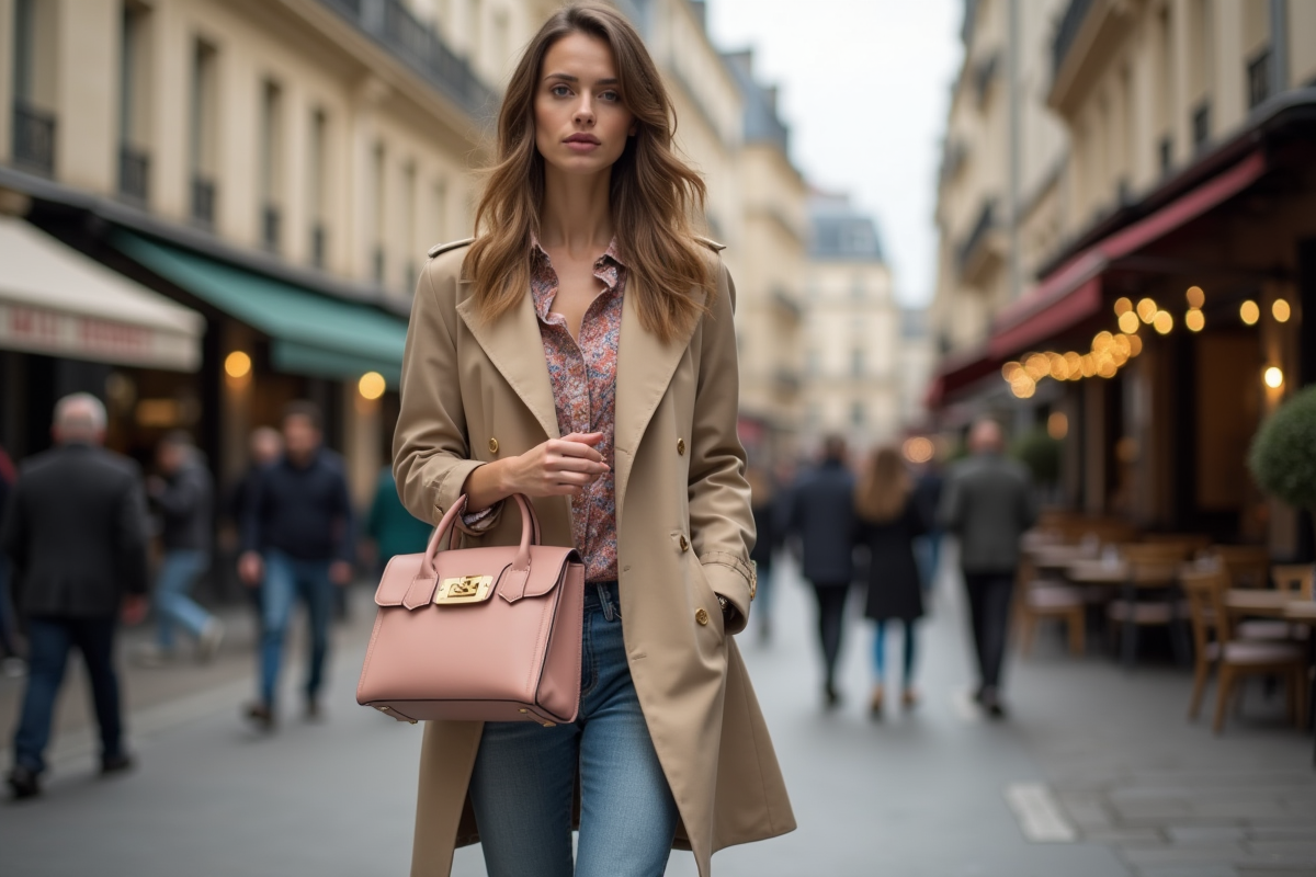 Femme élégante avec sac à la mode à Paris