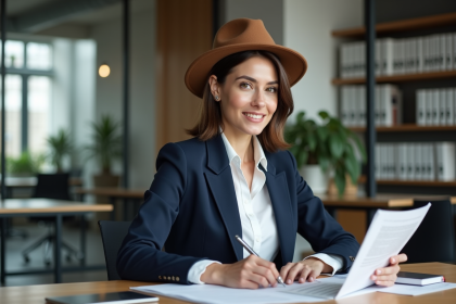 Femme élégante en blazer navy dans un bureau moderne