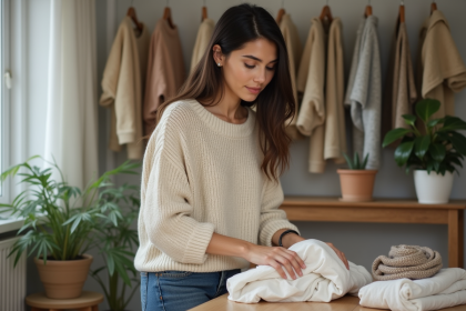 Jeune femme pliant des vêtements d'occasion dans un intérieur écologique
