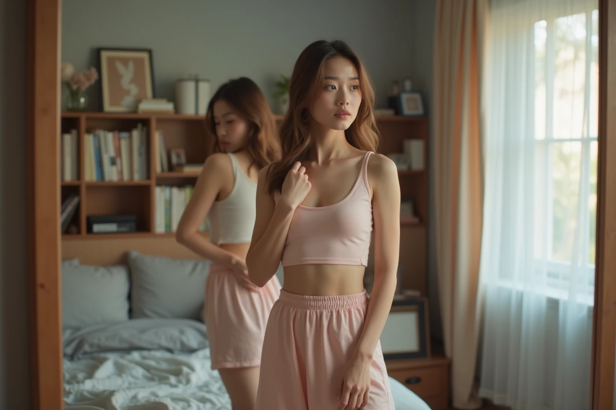 Jeune femme ajustant son crop top dans sa chambre