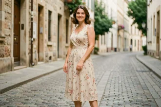Femme élégante portant une robe fleurie mi-longue achetée en ligne dans une rue pavée européenne