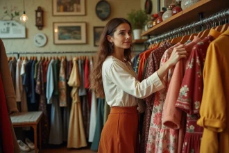 Femme en jupe corduroy vintage parcourant un portant de vêtements rétro dans une boutique de fripes