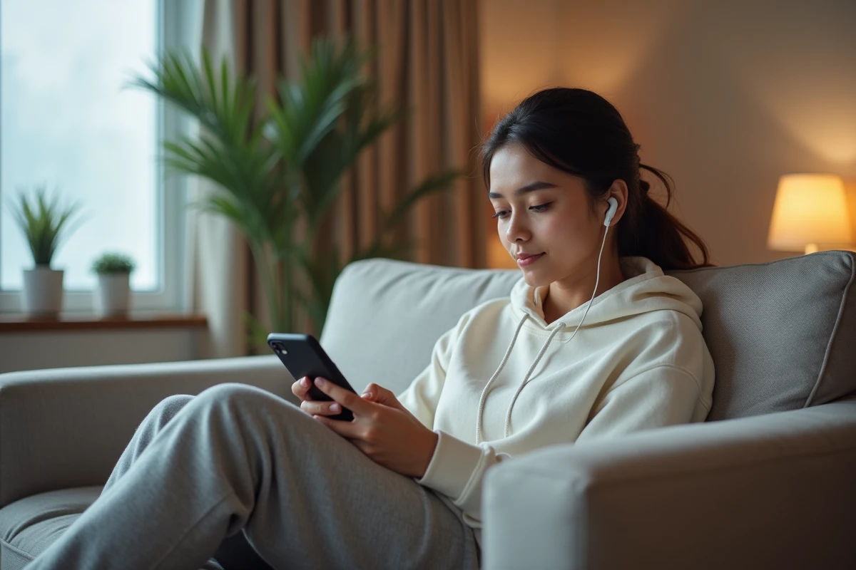 Femme consultant discrètement son smartphone sur un canapé dans un salon privé