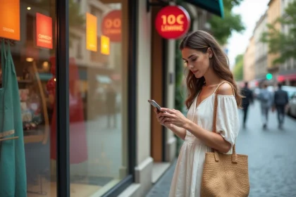 Femme en robe d'été consultant son smartphone devant une vitrine de soldes dans une rue commerçante européenne
