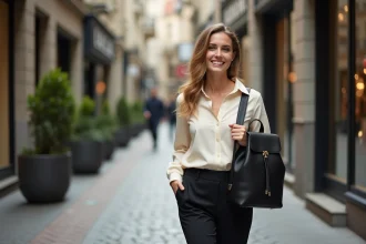 Femme élégante marchant dans la ville avec sac à dos chic