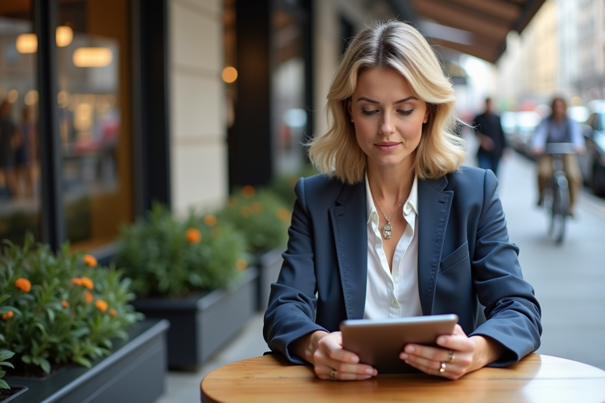 Femme d age moyen regardant son tablet en cafe urbain