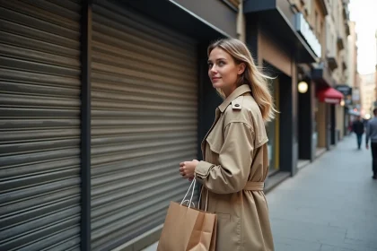 Femme urbaine avec sacs réutilisables devant boutique fermée