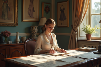 Femme élégante du début 20e siècle dans un atelier de couture