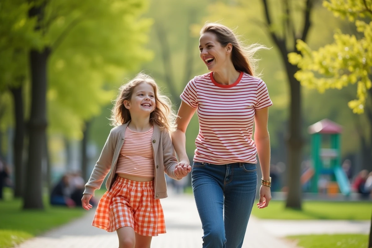 Maman et fille marchant dans un parc en pleine nature au printemps