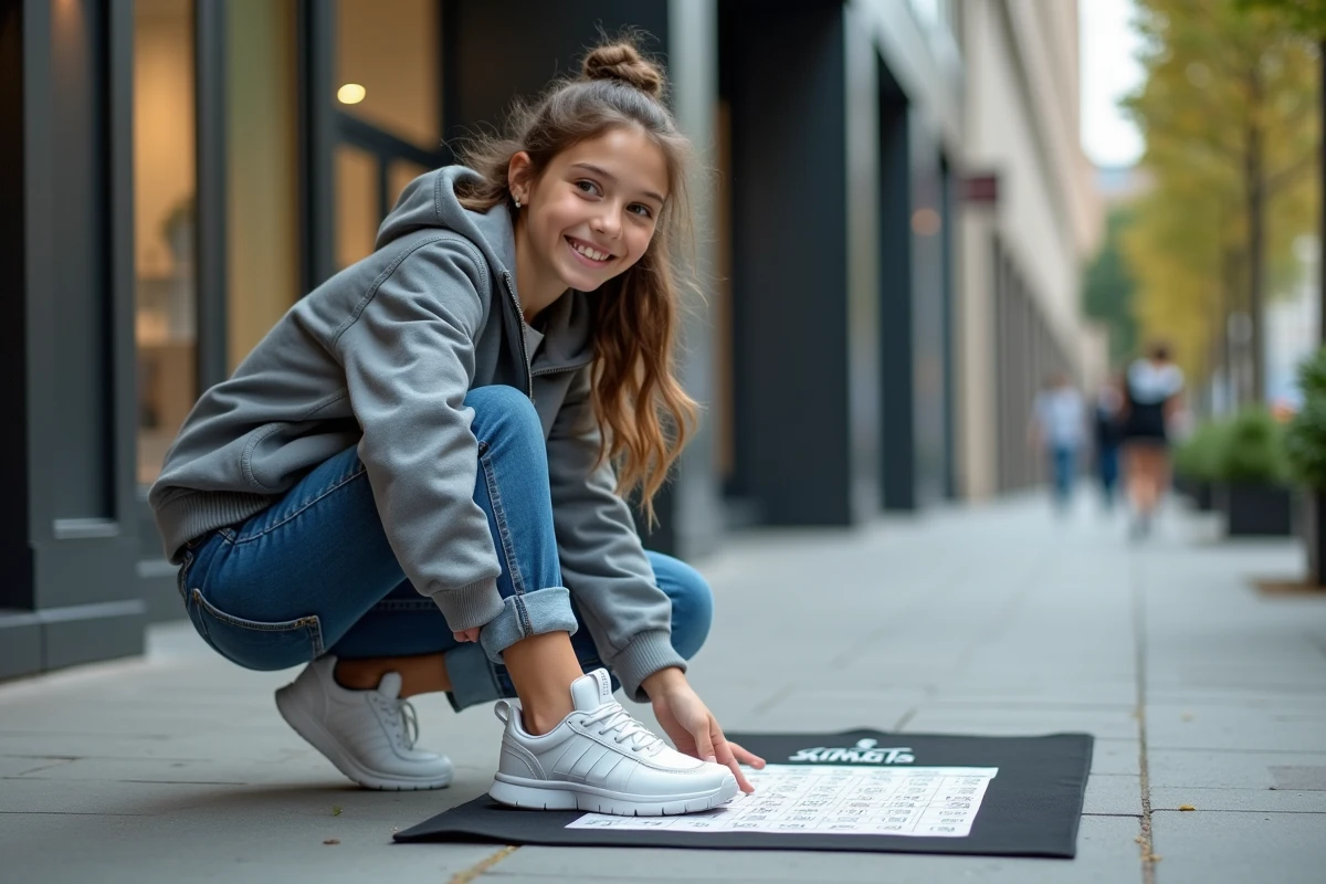 Adolescente mesurant son pied avec un guide de taille en extérieur